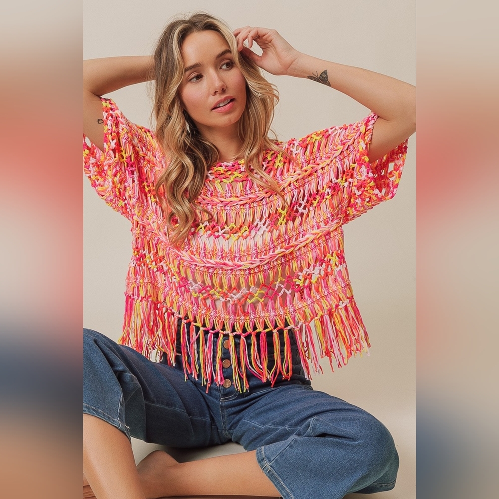 BiBi Openwork Fringed Knit Cover Up